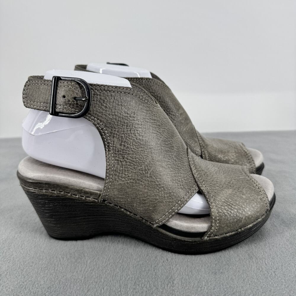 Dansko Deanna Womens 7.5 8 Gray Leather Slingback Peep Toe Wedge Sandals 38